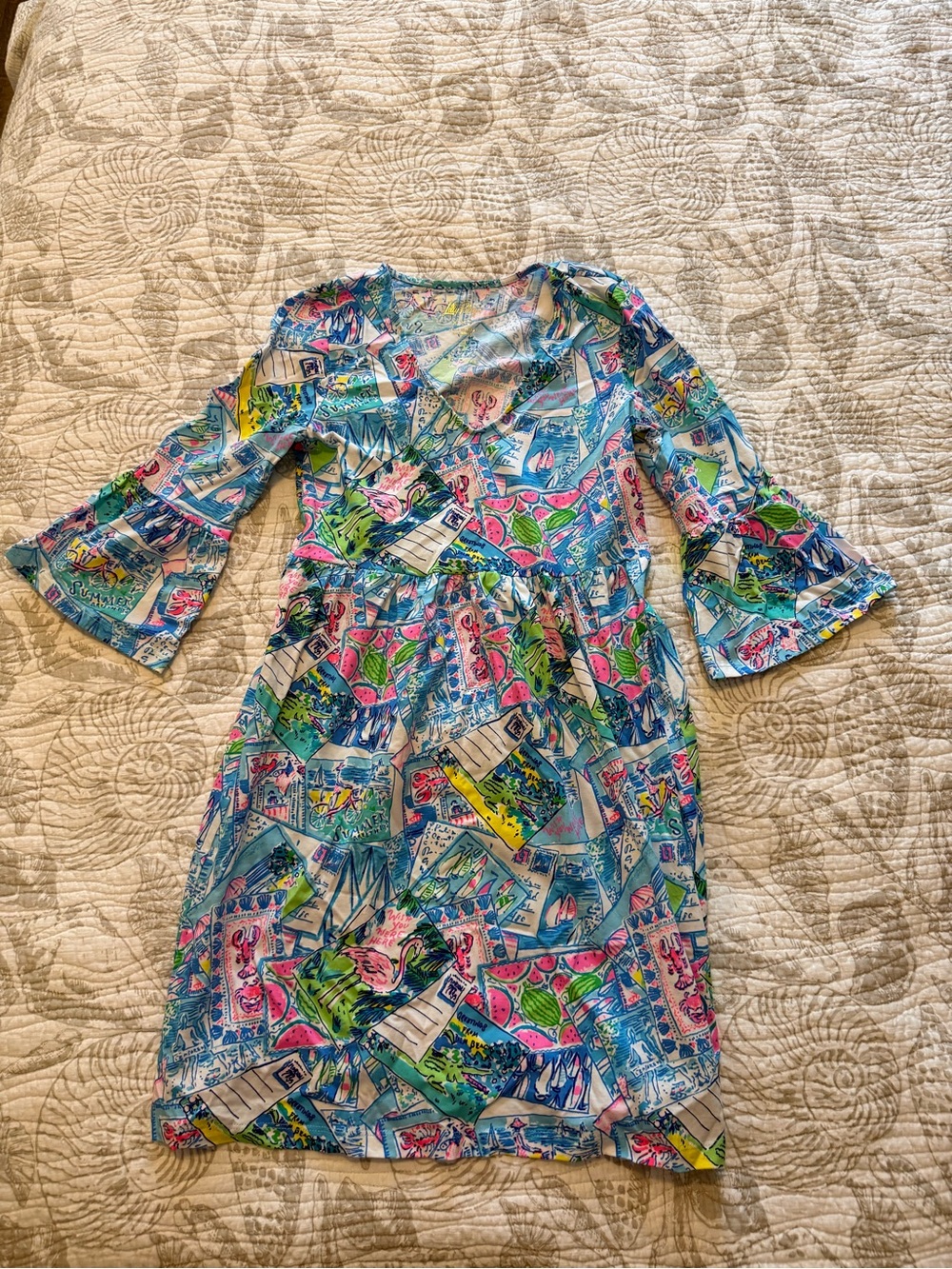 Lilly Pulitzer Blue Floral & Postcard Print Long-Sleeve Dress